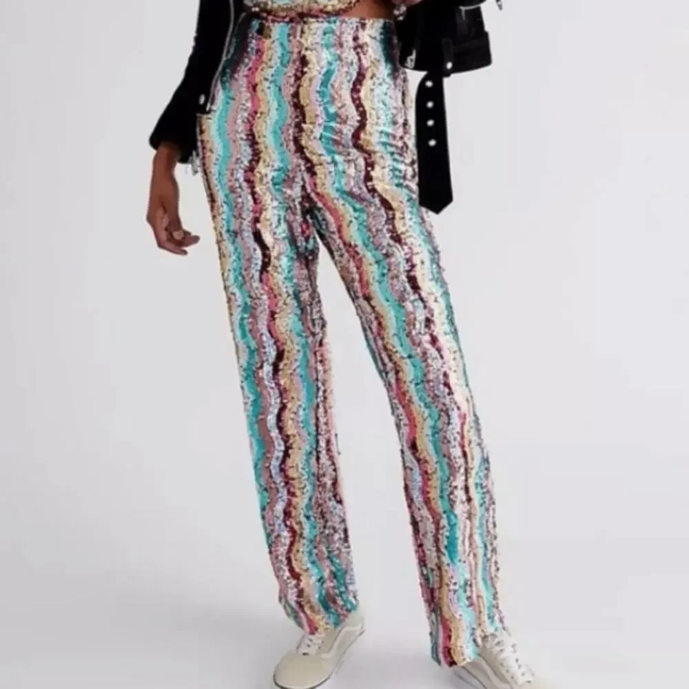 Free People Dance Again Retro Rainbow Sequin Size 2 Pants
